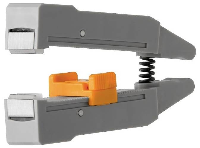Pince grise avec un interrupteur orange et un ressort au centre, utilisée pour fixer ou connecter des objets.