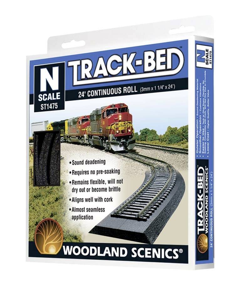 Emballage de Woodland Scenics Track-Bed pour modèles de trains à l'échelle N. Contient un rouleau de 24 pieds, absorbe le son et ne nécessite pas de pré-trempage.