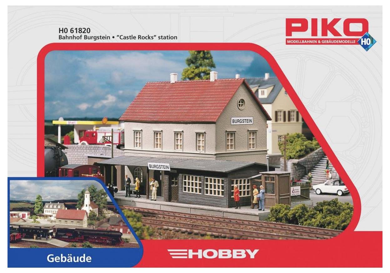 Piko HO model railway set box featuring a detailed Bahnhof Burgstein station with a red-roofed building and platform, surrounded by tracks.