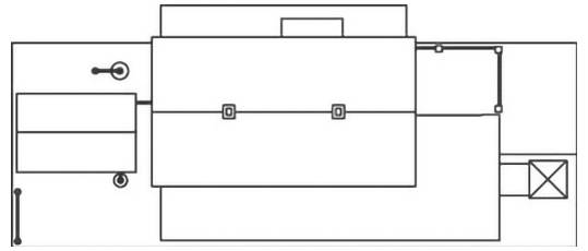 Schematic diagram illustrating the layout of a mechanical system with various components, connections, and labeled sections.