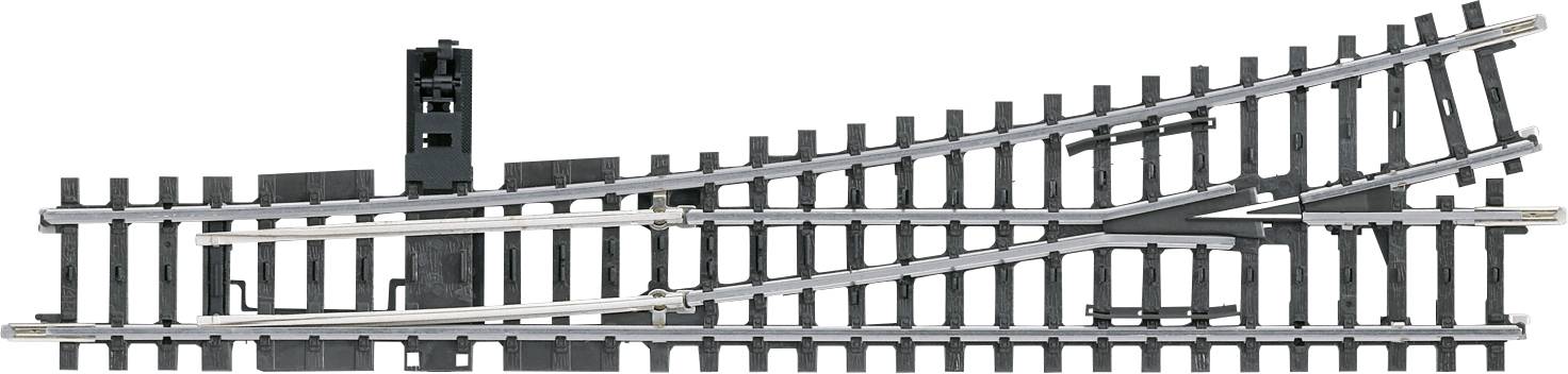 Rail de modélisme avec aiguillage, les rails s'étendent en ligne droite et bifurquent latéralement. Adapté pour la construction de maquettes ferroviaires.
