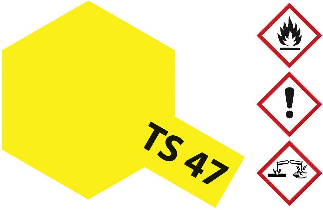 Étiquette jaune portant l'inscription 'TS 47' et les symboles suivants : Flamme (inflammable), Point d'exclamation (avertissement), Mains sous liquide (corrosif).