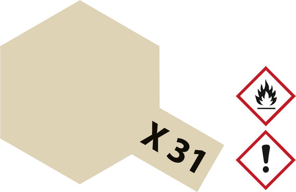 Laque beige, référence 'X 31'. À côté deux symboles d'avertissement : inflammable, point d'exclamation (prudence).