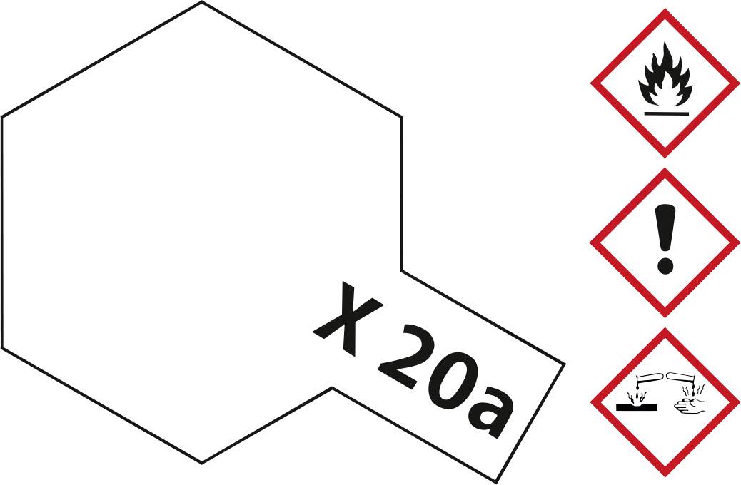 Une étiquette hexagonale portant l'inscription 'X 20a' affiche trois symboles de danger : une flamme (inflammable), un point d'exclamation (attention) et un liquide corrosif (corrosif).