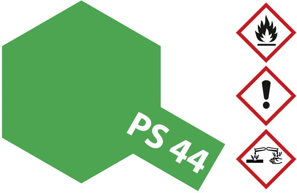 Étiquette verte portant l'inscription 'PS 44' et trois symboles de danger : flamme, point d'exclamation et substance corrosive.
