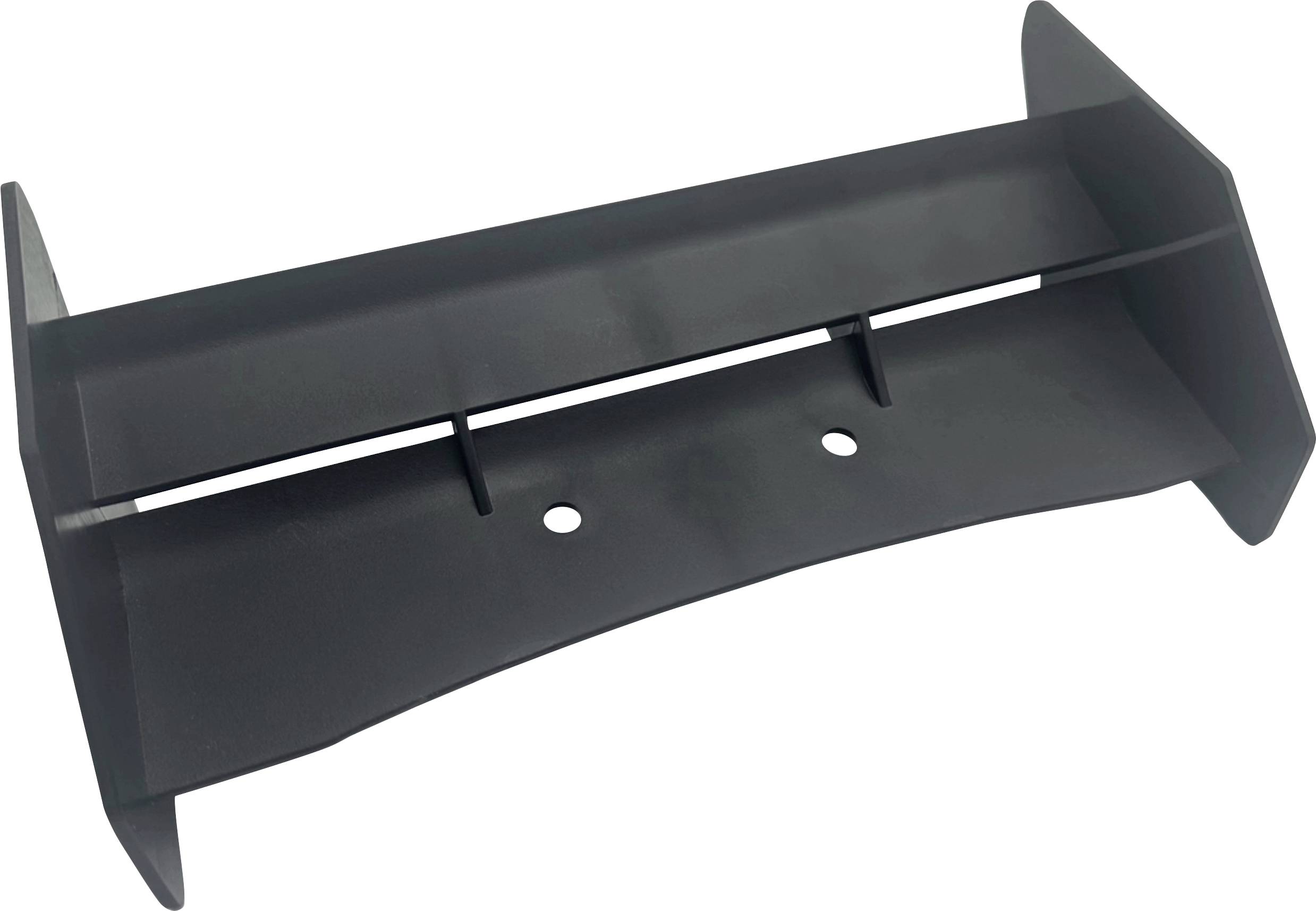 Un porte-objet en plastique noir de forme rectangulaire avec deux fentes et des côtés inclinés, utilisé pour organiser ou supporter des objets.