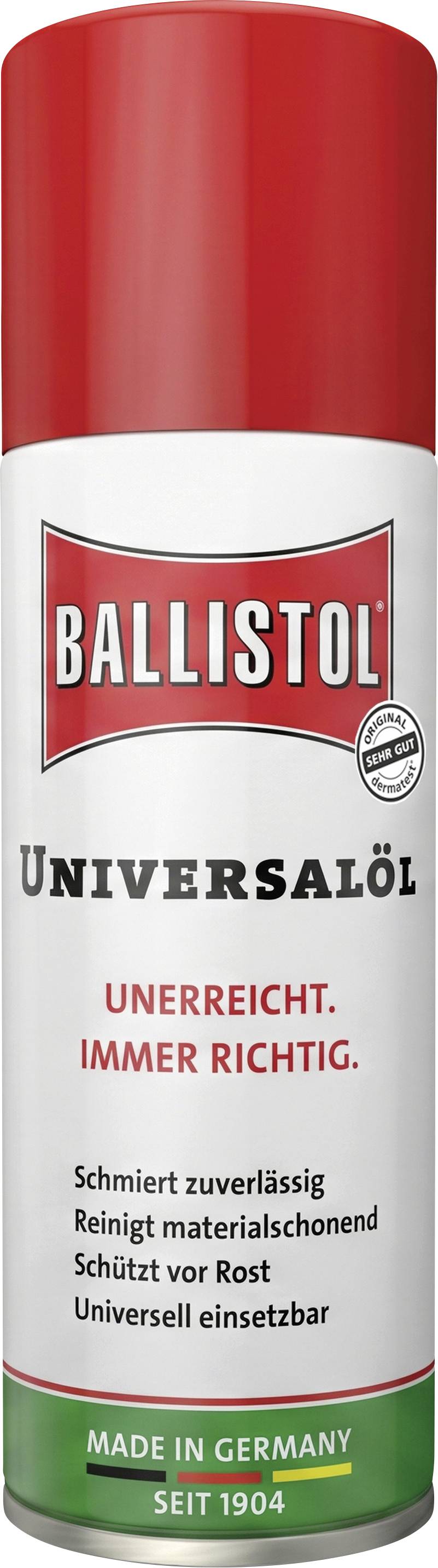 Ballistol Universalöl-Sprühdose mit roter Kappe, gekennzeichnet mit „Schmiert zuverlässig