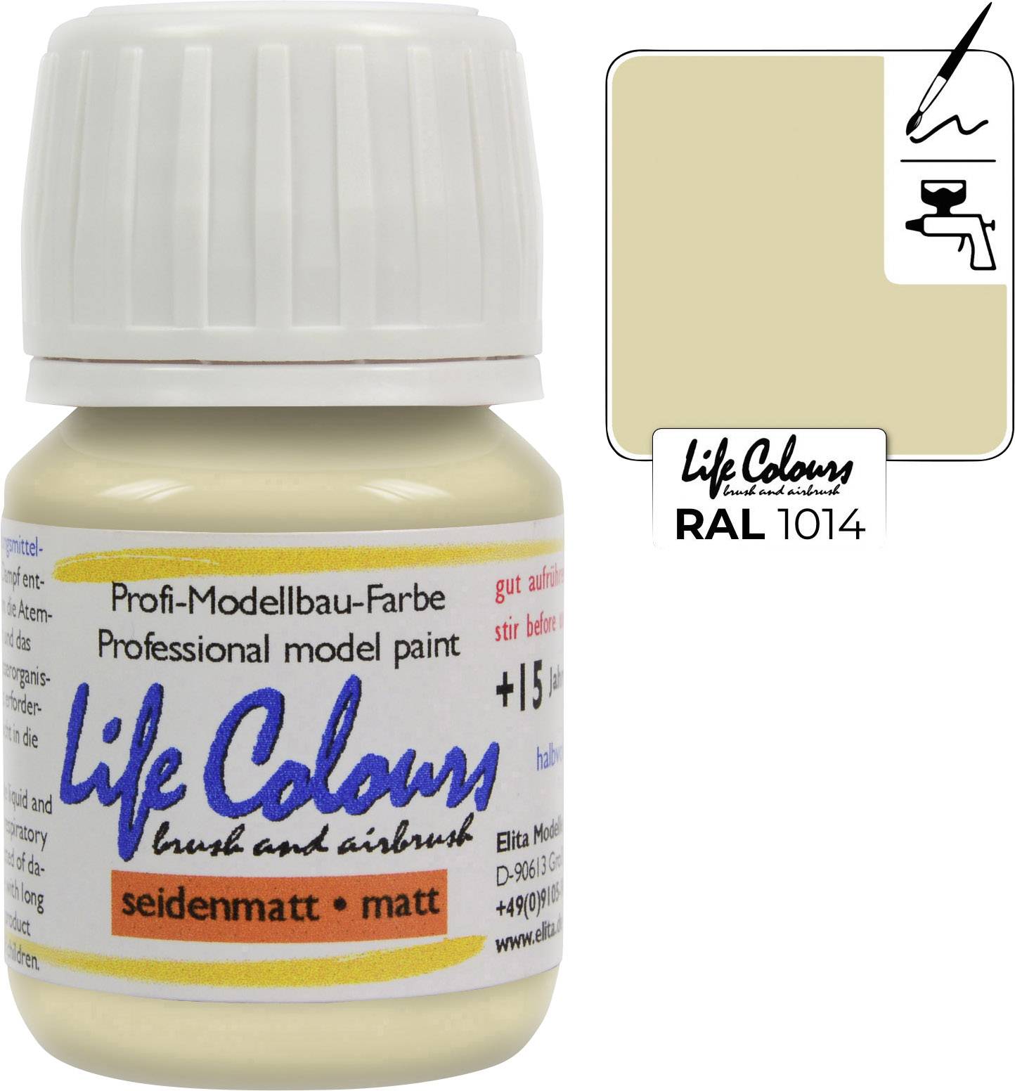 Une bouteille de peinture de modélisme mate soyeuse 'Life Colours' dans une teinte beige clair, RAL 1014, adaptée aux pinceaux et à l'aérographe.