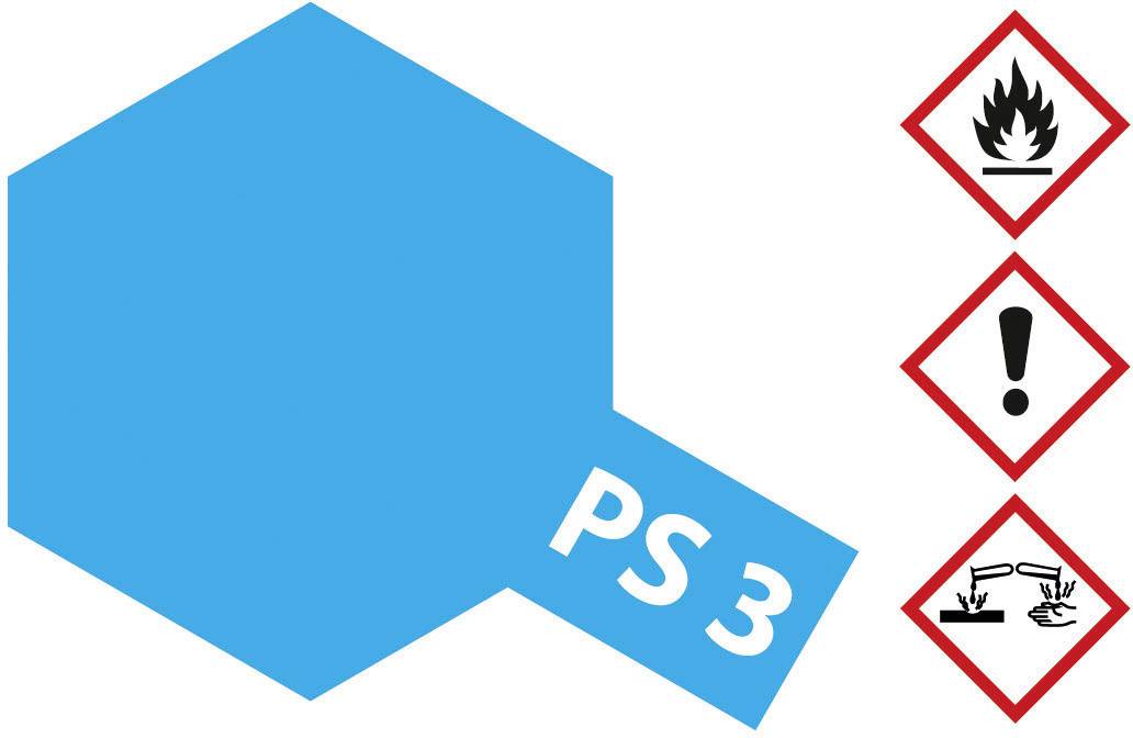 Hexagone bleu avec 'PS 3' en bas à droite. À côté, trois symboles de danger : flamme, point d'exclamation, liquide corrosif sur une main.