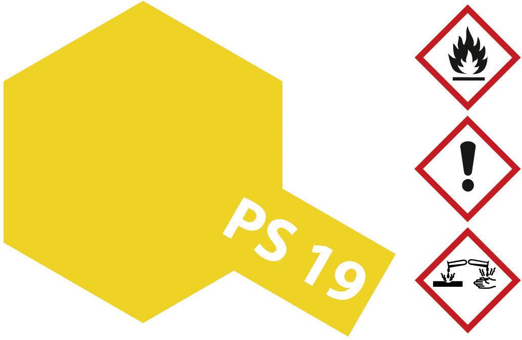 Hexagone jaune avec 'PS 19'. À côté de trois symboles de danger : flamme, point d'exclamation et un tube à essai attaquant des mains.