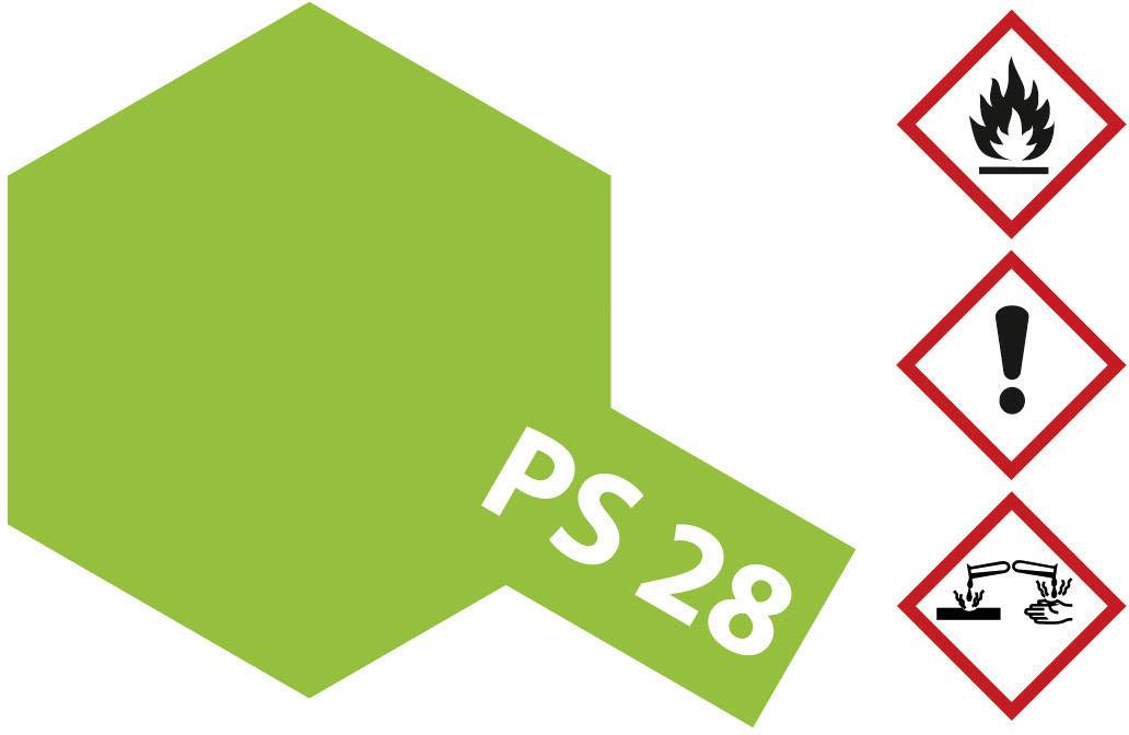 Une étiquette verte hexagonale portant l'inscription 'PS 28'. À droite, trois symboles de danger : flamme, point d'exclamation et liquide corrosif.