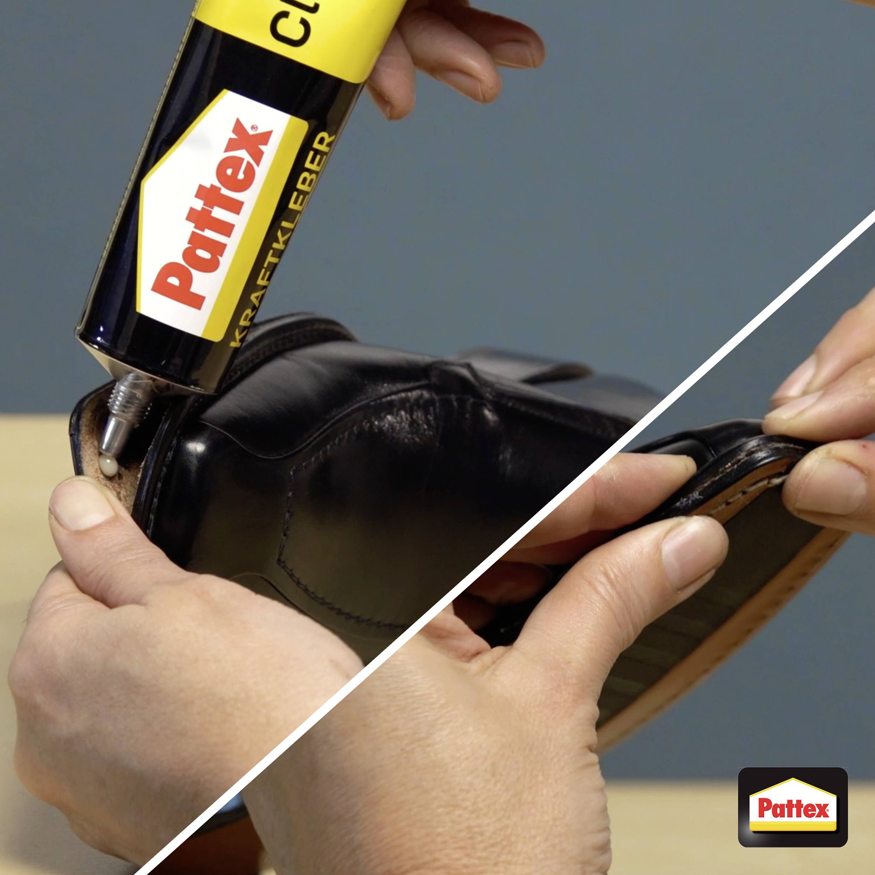 Tube de colle 'Pattex' utilisé pour réparer une chaussure noire en appliquant de la colle sur la semelle ; logo de la marque visible sur le tube de colle et dans le coin de l'image.