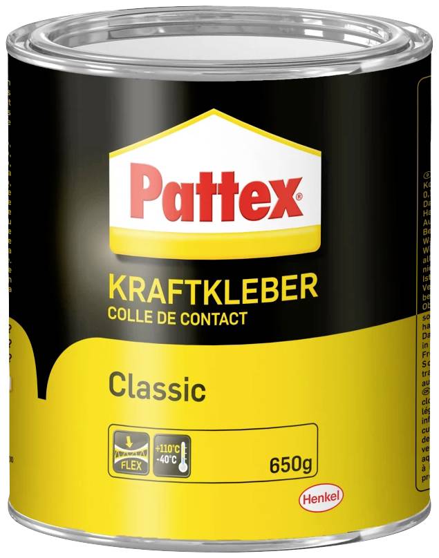 Colle Pattex Kraftkleber, jaune-noir, 650g. Adapté pour des collages très résistants. Plage de température : -40°C à +110°C.