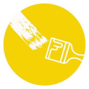 Ein gelber Kreis mit einem weißen Pinsel-Symbol und einem Farbstrich, der Kunst oder Kreativität symbolisiert.