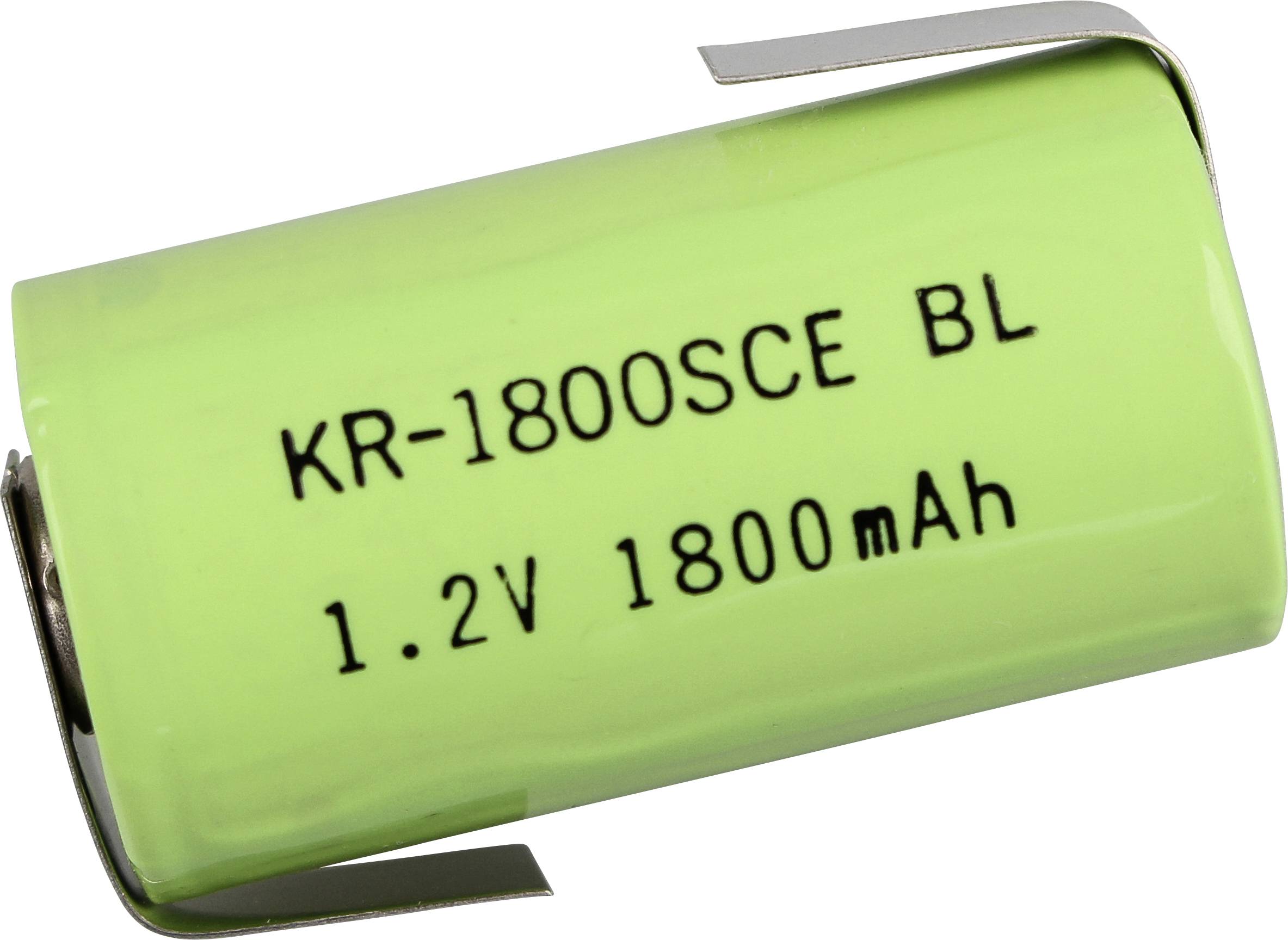 Cellule de batterie rechargeable verte étiquetée « KR-1800SCE BL » et « 1,2V 1800mAh »