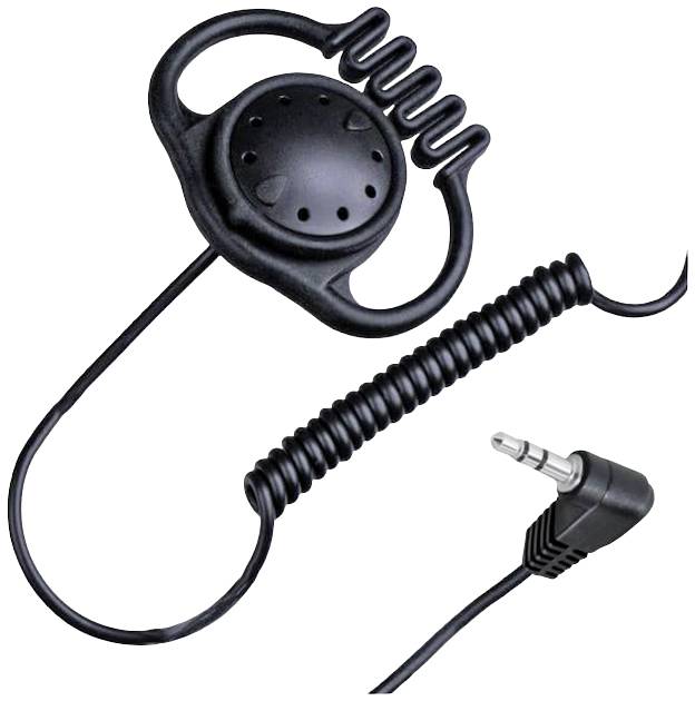 Un écouteur noir avec un câble spiralé et une prise jack de 3,5 mm. Conçu pour un maintien sécurisé à l'oreille.