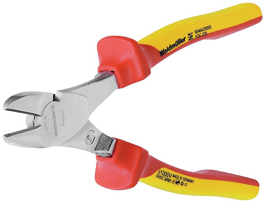 Pince multifonction isolée avec poignée rouge et jaune, nom de marque sur la poignée. Adaptée aux travaux sur installations électriques jusqu'à 1000V.