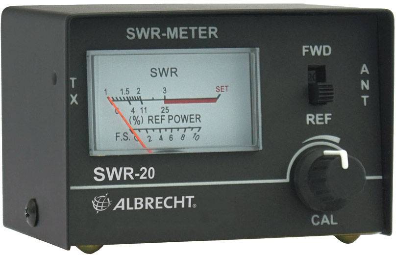 Un appareil de mesure SWR noir, modèle SWR-20, avec une échelle de 1 à 7, aiguille rouge positionnée à 1,5, touche de pression 'FWD/REF', bouton rotatif 'CAL'.