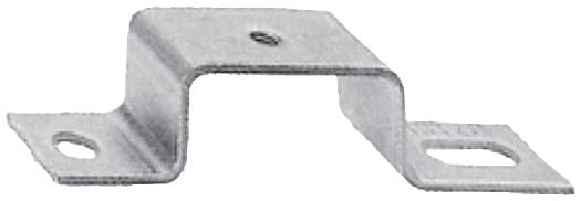 Équerre métallique à profil en L, avec deux trous à chaque extrémité pour la fixation. Utilisée pour le montage et la stabilisation de structures.