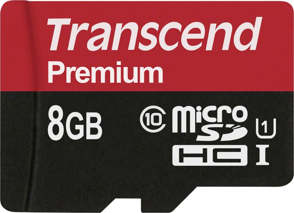 Carte MicroSD noire de Transcend avec une bande rouge en haut, capacité de 8 Go, 'Premium', Classe 10, UHS-I, HC I.