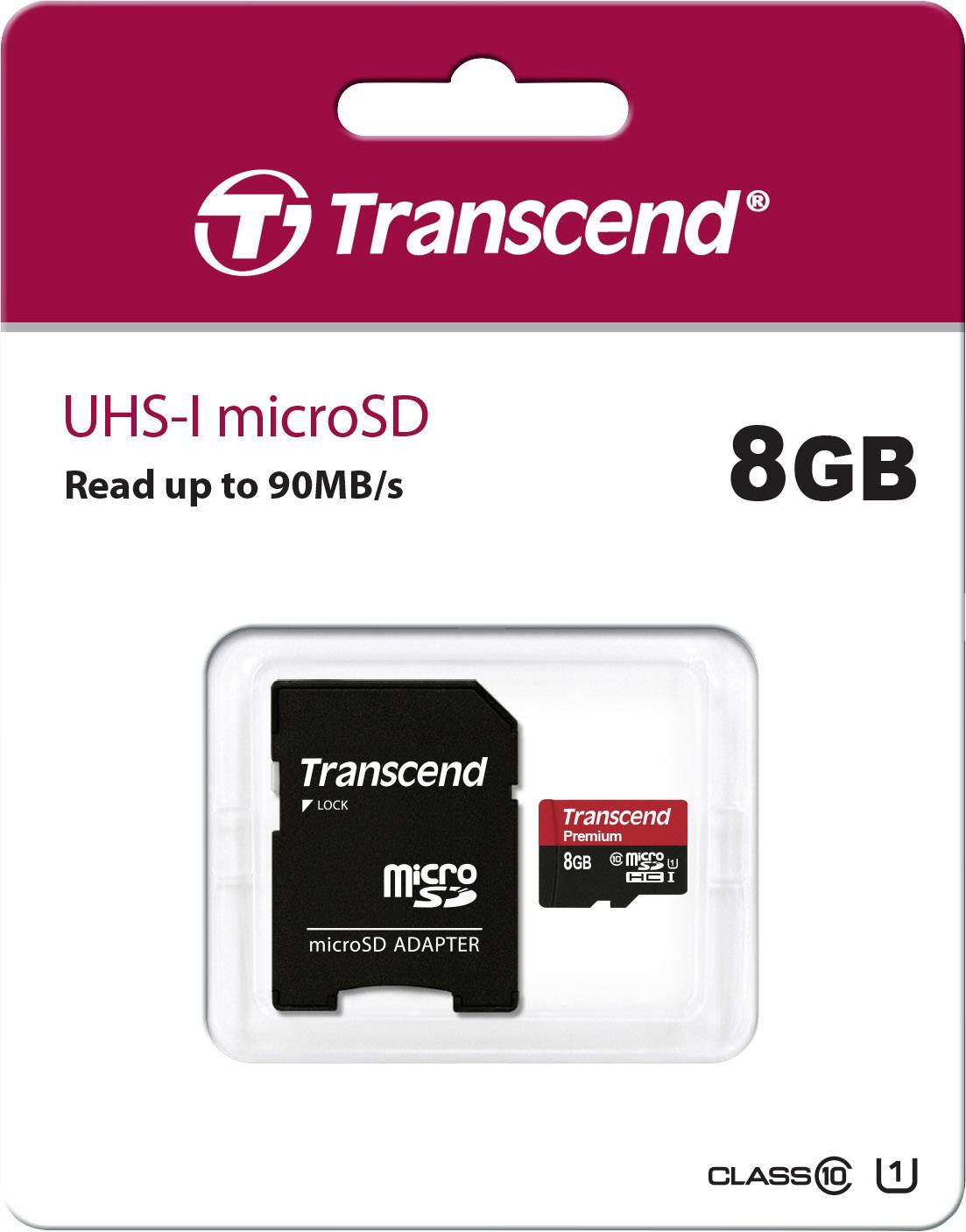 Carte microSD Transcend, 8 Go, UHS-I, vitesse jusqu'à 90 Mo/s, livrée avec adaptateur.
