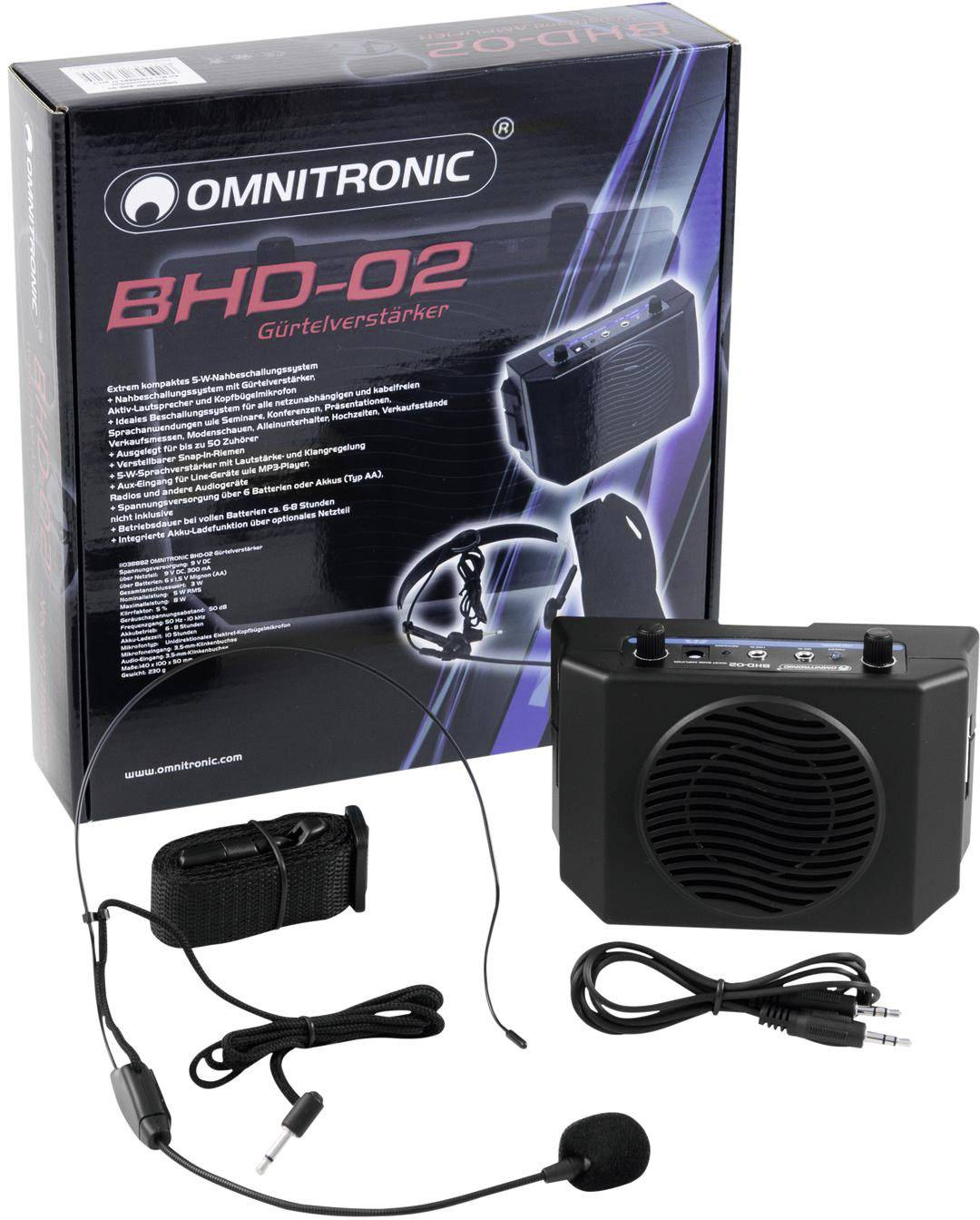 Système d'amplification 'Omnitronic BHD-02' présenté avec haut-parleur, microphone et accessoires avant l'emballage. Idéal pour l'amplification vocale.
