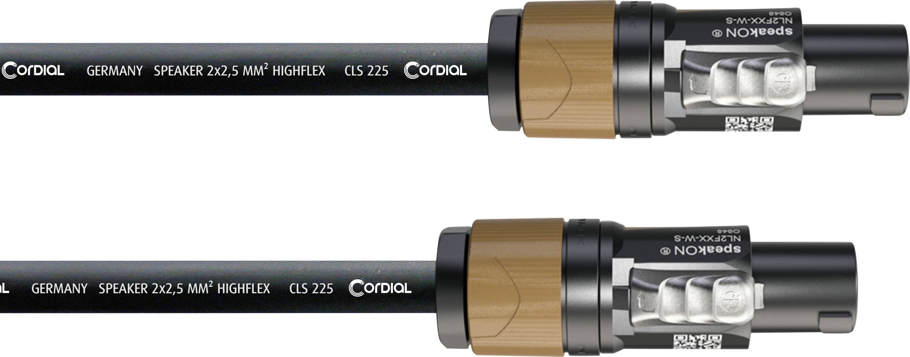 Deux câbles de haut-parleurs Cordial noirs avec des connecteurs métalliques présentés horizontalement, étiquetés « GERMANY SPEAKER 2X2,5 MM² HIFLEX CLS 225 ».