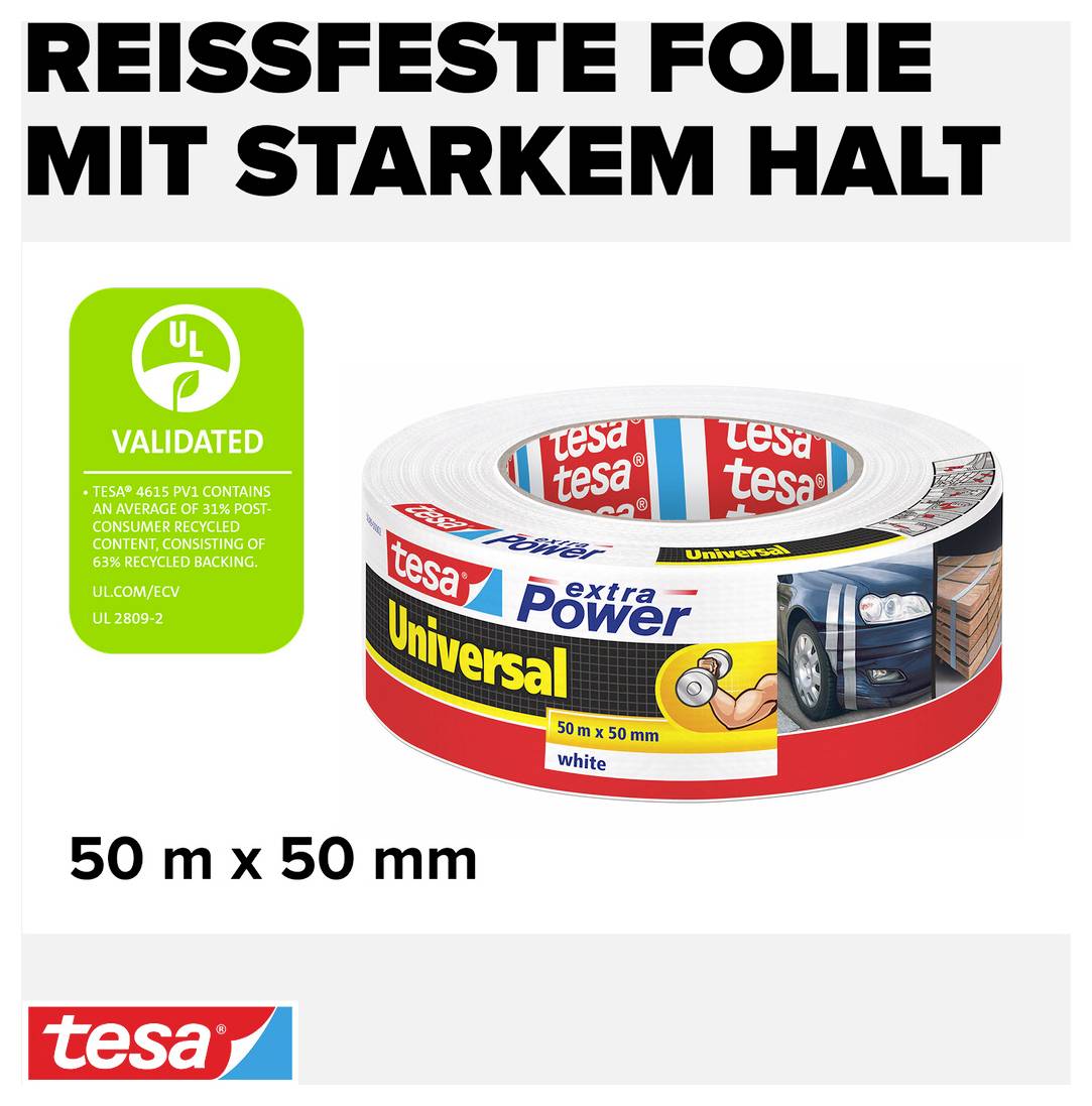 Rouleau Tesa extra Power Universal Tape avec bande blanche. Texte de l'emballage : « Film résistant à la déchirure avec une adhérence puissante. » Dimensions : 50 m x 50 mm.