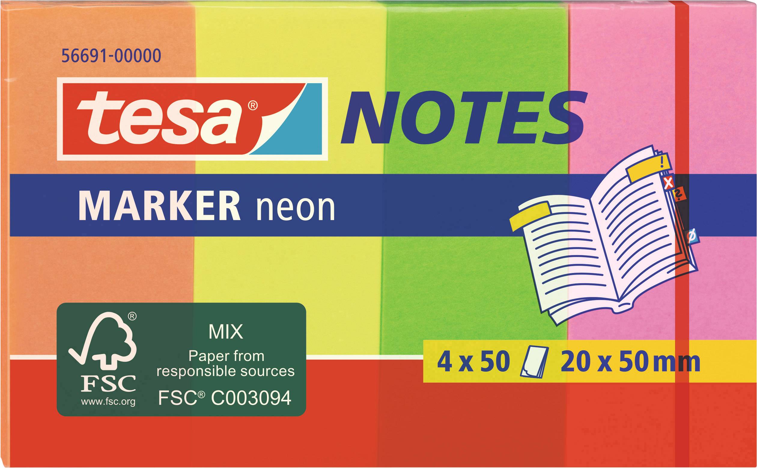 'Emballage de notes adhésives Tesa Neon Marker, 4 couleurs, 50 feuilles par couleur, 20 x 50 mm, provenant d'une source responsable.'