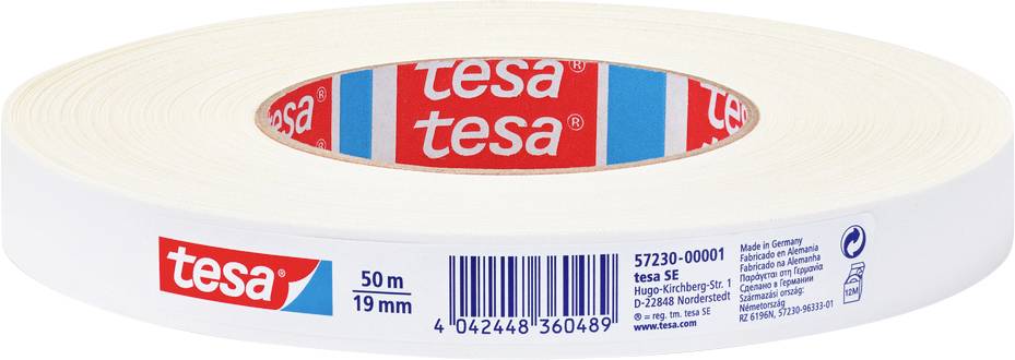 Un rouleau de ruban adhésif blanc tesa étiqueté 'tesa' d'une longueur de 50 mètres et d'une largeur de 19 mm, sur un fond blanc.