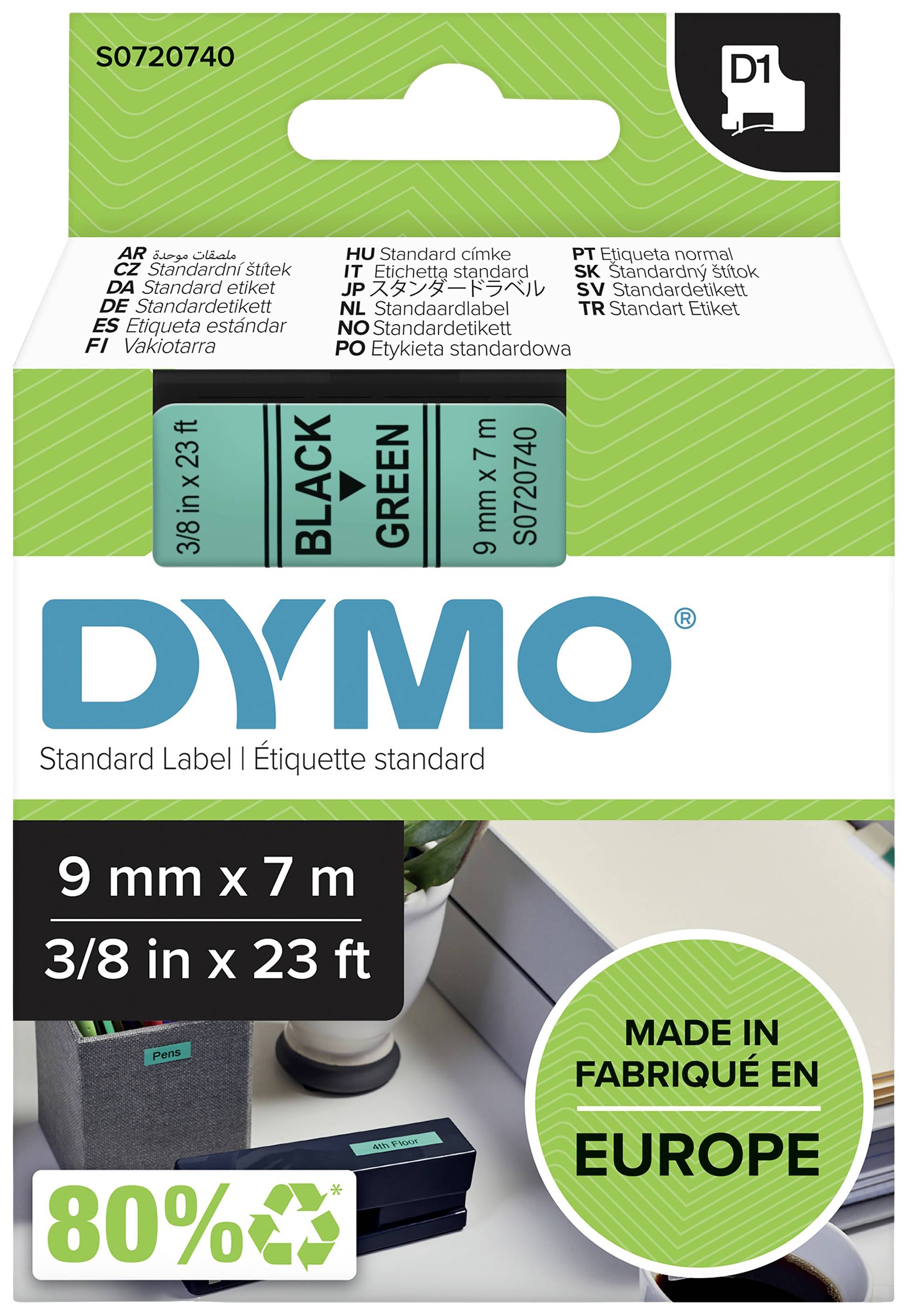 Étiquettes DYMO, écriture noire sur étiquettes vertes, 9 mm x 7 m. Fabriquées en Europe avec 80% de matériaux recyclés.