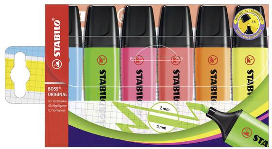 Six surligneurs Stabilo de différentes couleurs (Jaune, Vert, Rose, Bleu, Orange, Violet) dans un emballage, adaptés pour surligner des textes.