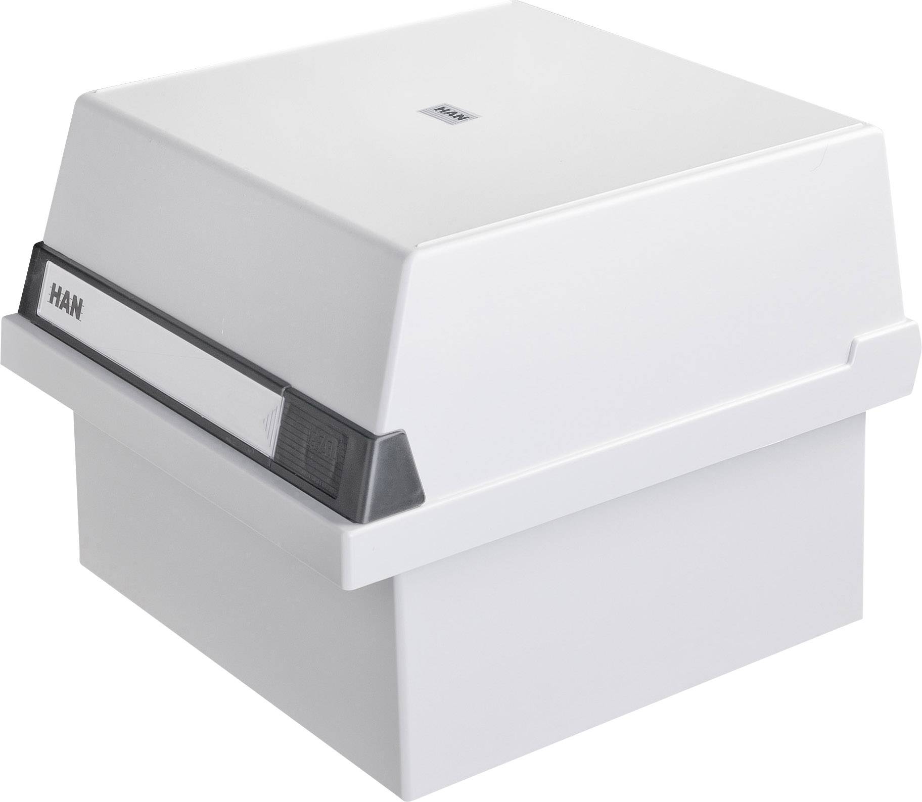 Une boîte à fiches blanche avec couvercle, adaptée au rangement de documents ou de fiches, fabriquée par l'entreprise Han.