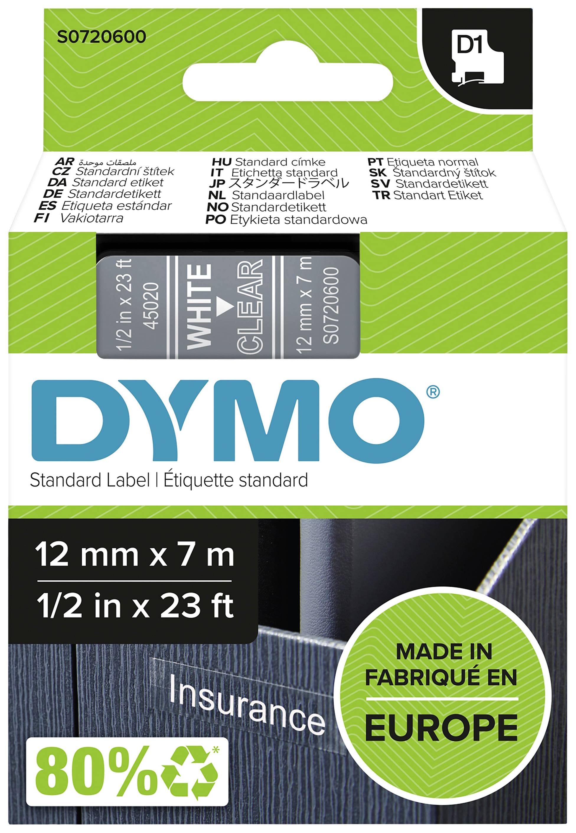 Emballage de produit d'étiquettes standard DYMO, taille 12 mm x 7 m, avec l'inscription : 'WHITE CLEAR'. Fabriqué en Europe.