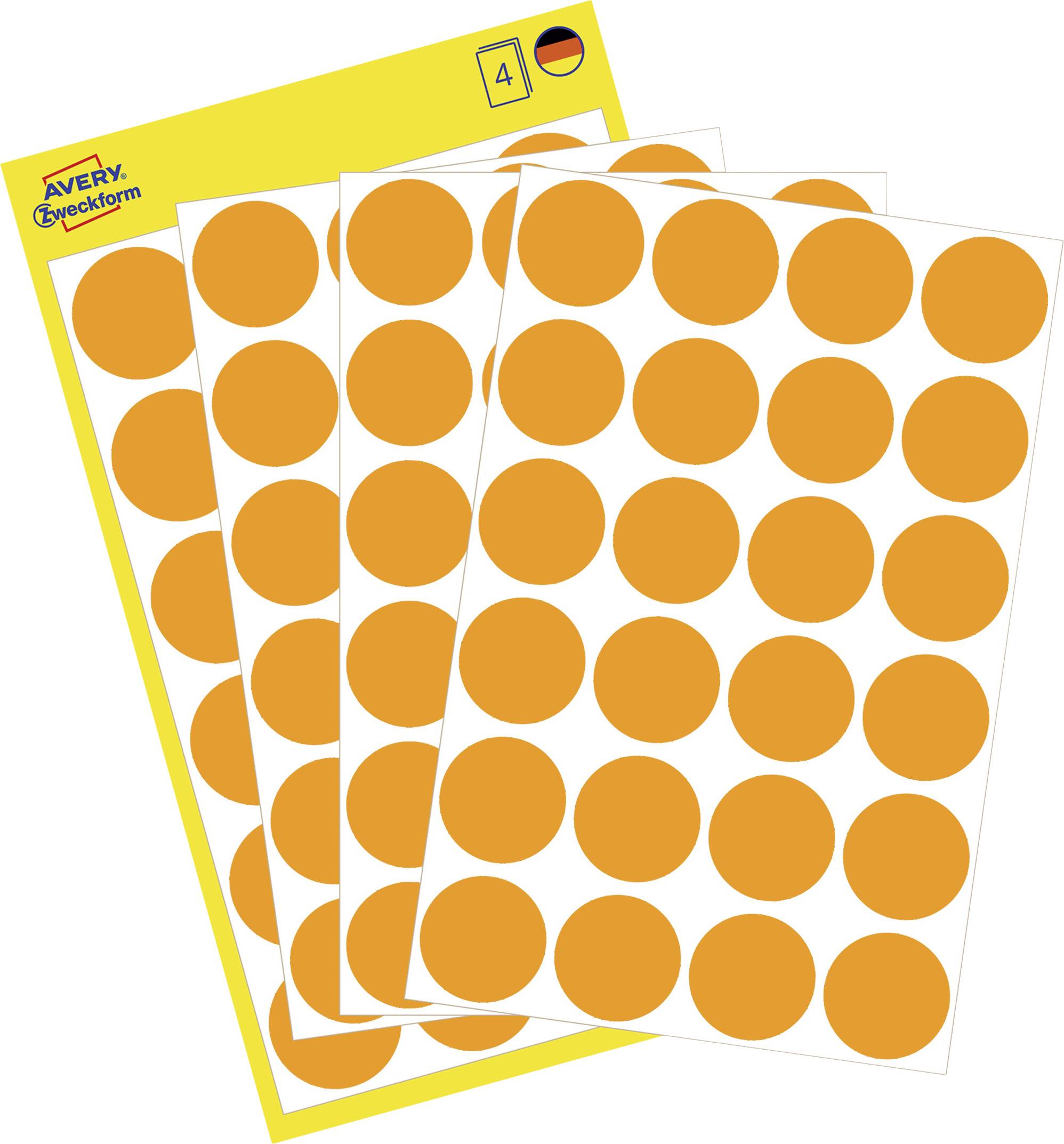 Pile de feuilles Avery Zweckform avec de grands labels circulaires orange, paquet marqué « 4 »