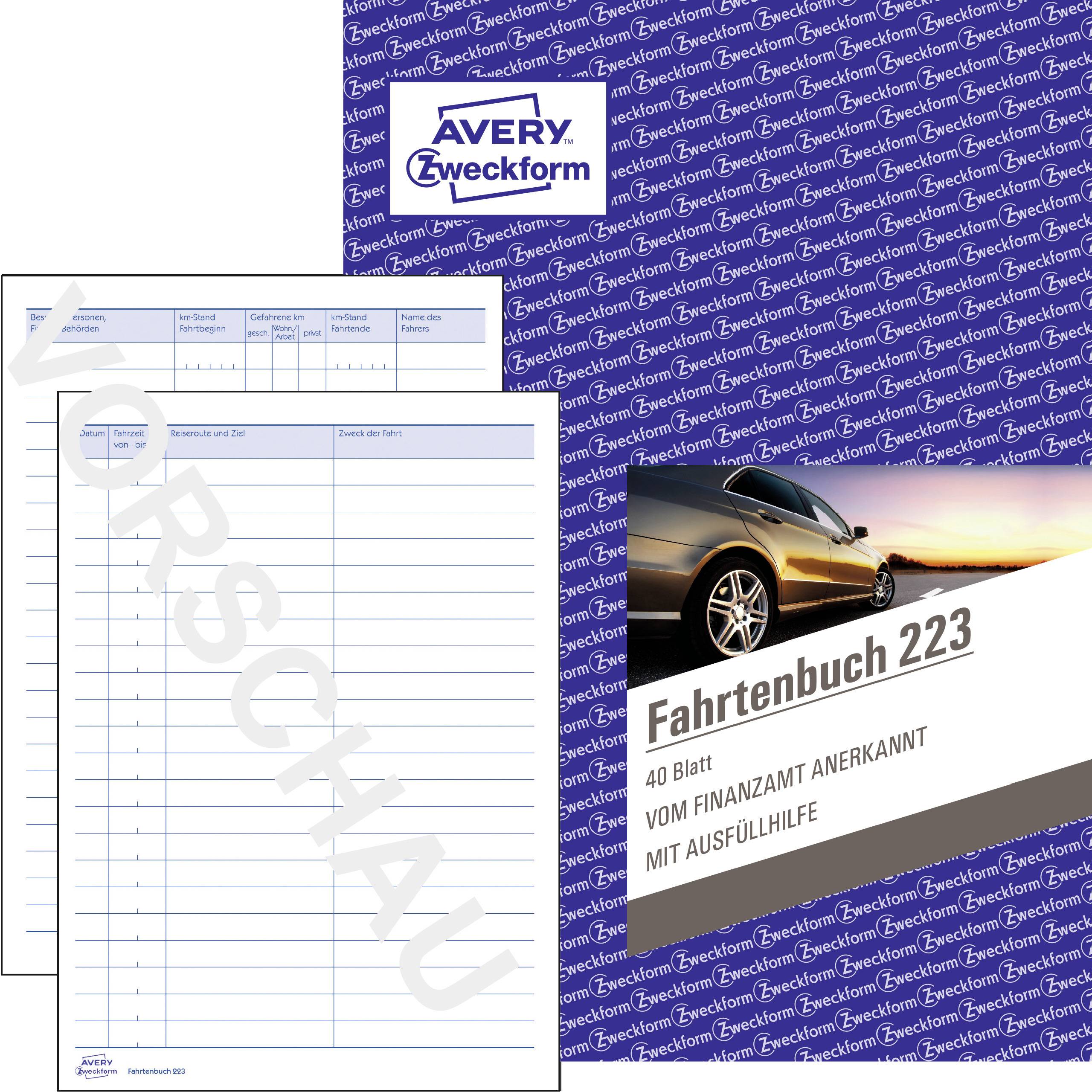 Le document présente un carnet de bord Avery Zweckform, comprenant 40 feuilles. Il est reconnu par les services fiscaux et contient des instructions de remplissage.