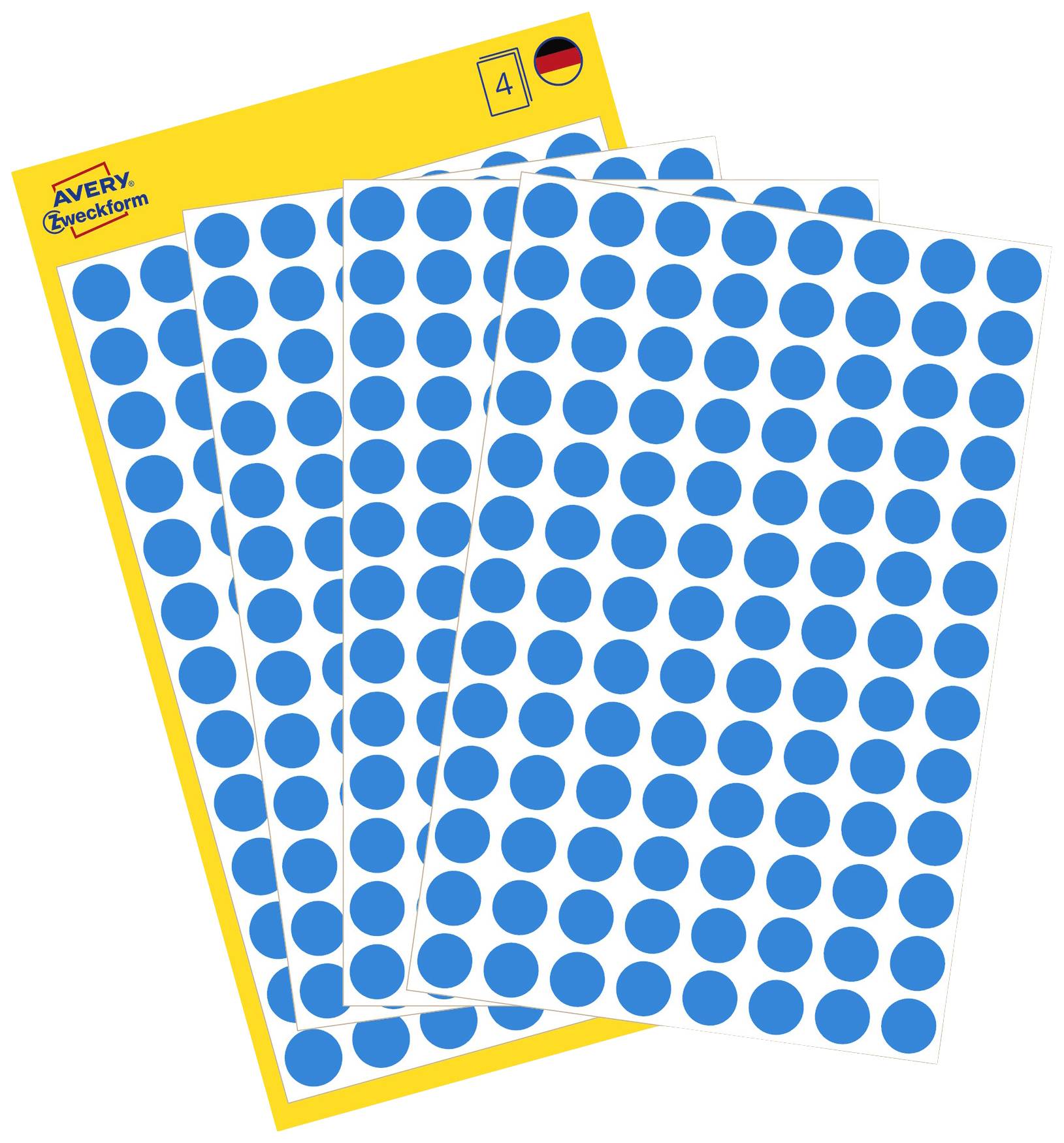 Quatre feuilles avec des autocollants ronds bleus sur un fond jaune, adaptés pour des marquages ou des étiquetages.