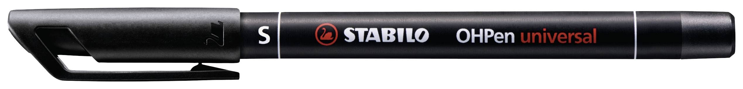 Stylo Stabilo noir portant l'inscription 'Stabilo Oh Pen universal'. Idéal pour des applications universelles.