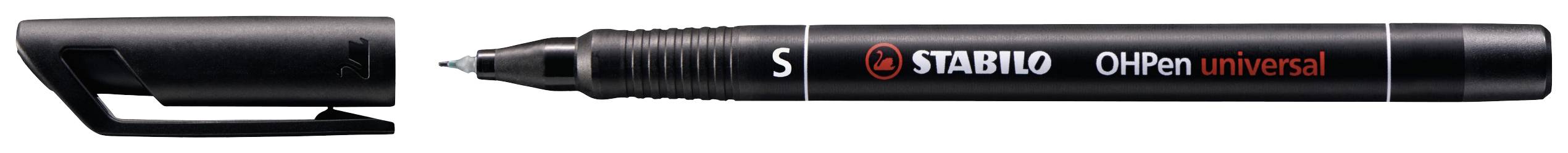 Stylo-feutre noir avec capuchon amovible et logo rouge 'STABILO OHPen universal S'.