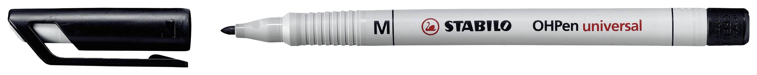 Un stylo noir avec un capuchon amovible sur lequel est inscrit 'STABILO OHPen universal M'. Le stylo est posé horizontalement.