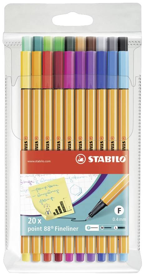 STABILO point 88 8820 Stylo feutre fin jaune, orange, rouge, rouge foncé, rose, violet, lilas, bleu, bleu clair, bleu moyen, bleu