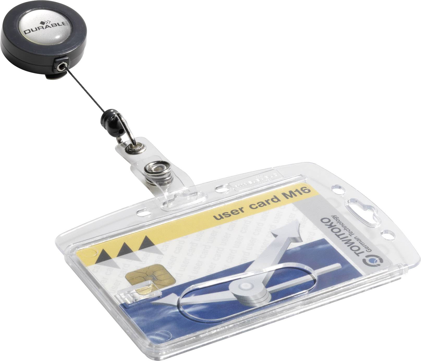 Porte-carte avec clip et cordon rétractable, maintenant une carte de visite portant l'inscription 'user card M16'.