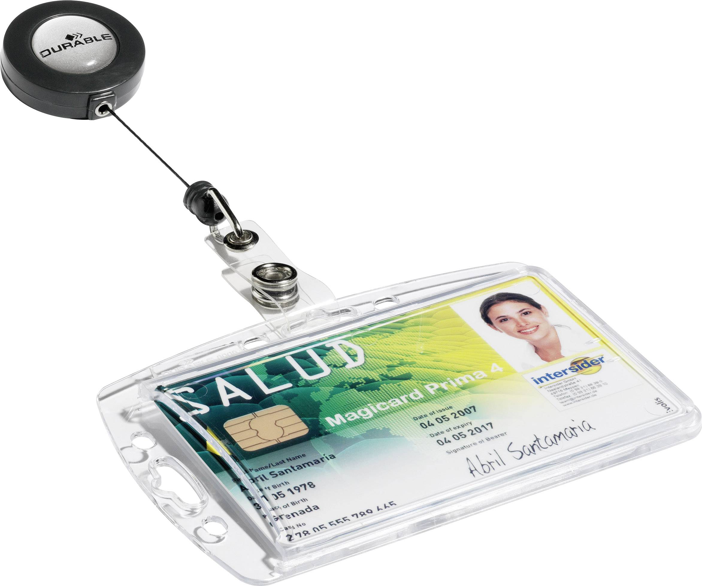 Un étui de carte transparent avec un clip rétractable contient une carte d'assurance maladie à puce, avec photo et signature.