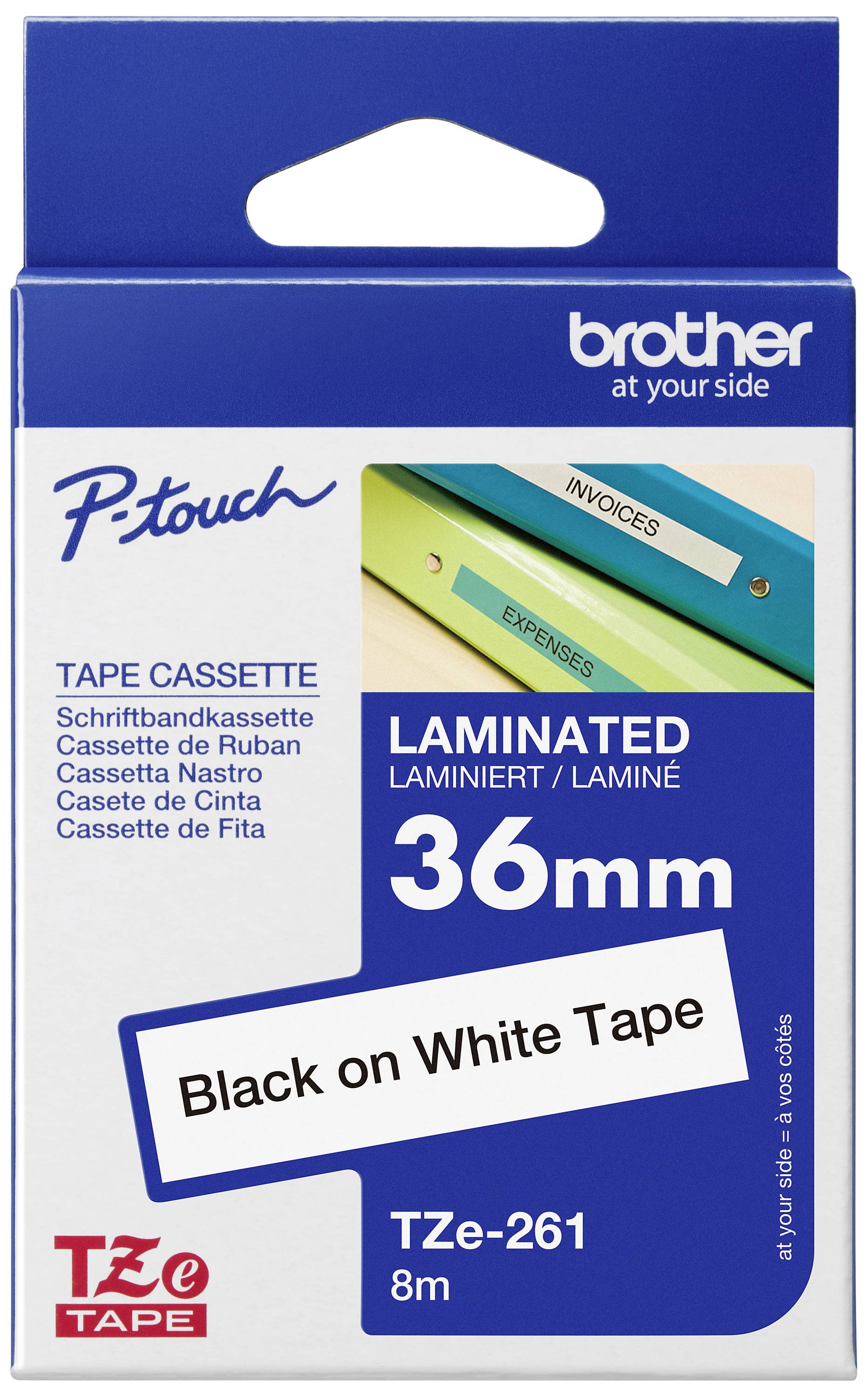 Cassette de ruban pour Brother P-touch, 36 mm, laminé, noir sur blanc, longueur 8 m. L'emballage présente des exemples d'applications.