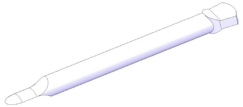 A 3D rendering of a screwdriver, showing a hexagonal handle and a flathead tip.