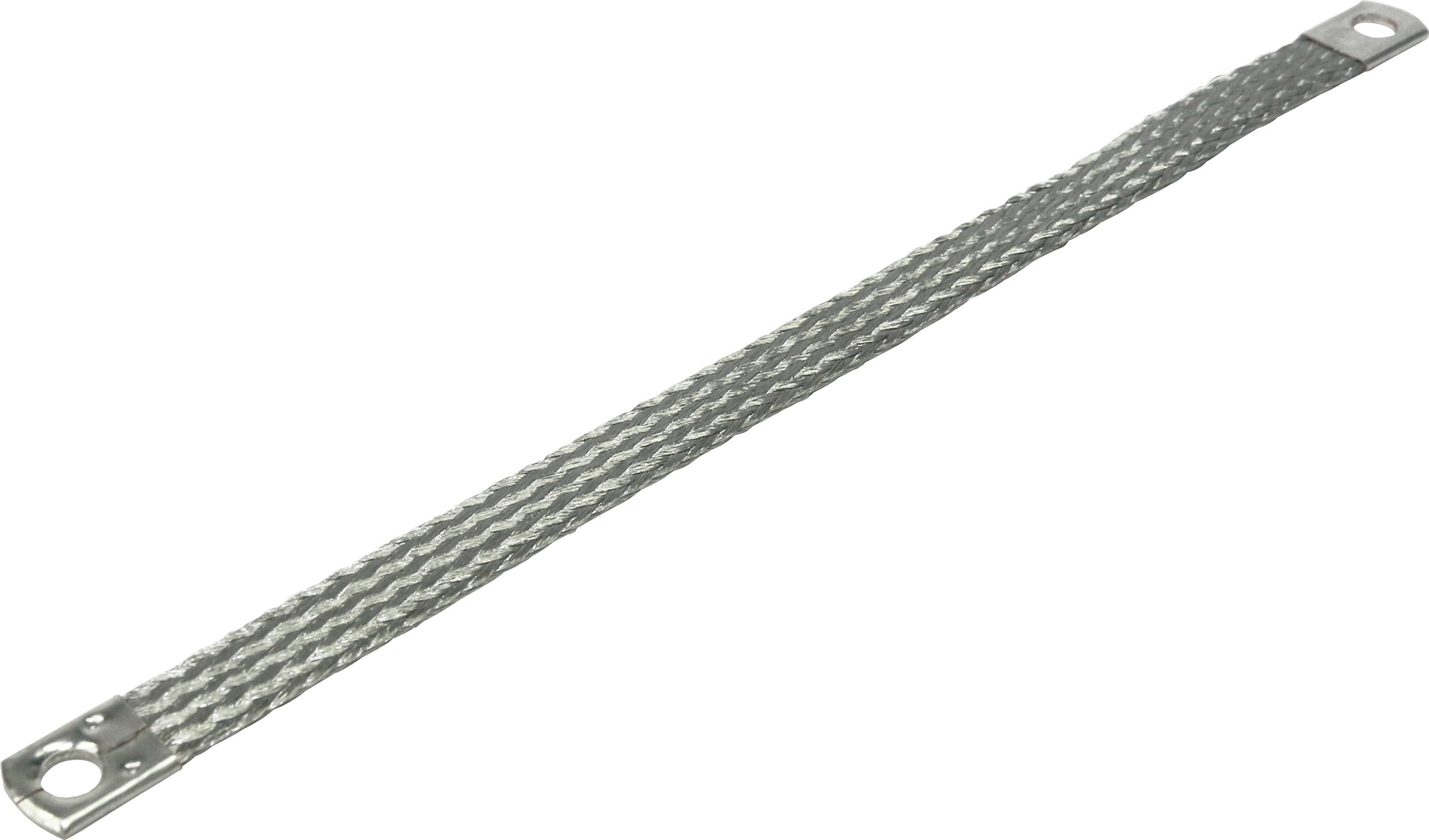 Tresse métallique avec œillets aux deux extrémités, utilisée pour la mise à la terre électrique ou la connexion dans les installations techniques.