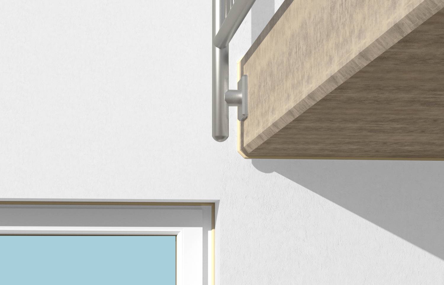 Vue détaillée d'un coin de balcon moderne en bois avec un garde-corps métallique. En haut à droite, le balcon en bois, en bas à gauche une fenêtre à vitrage bleu.