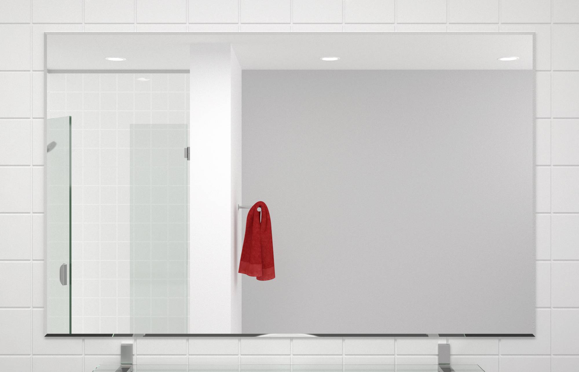 Une salle de bain avec un grand miroir, des murs carrelés de blanc, une douche avec porte en verre et une serviette rouge accrochée au mur.