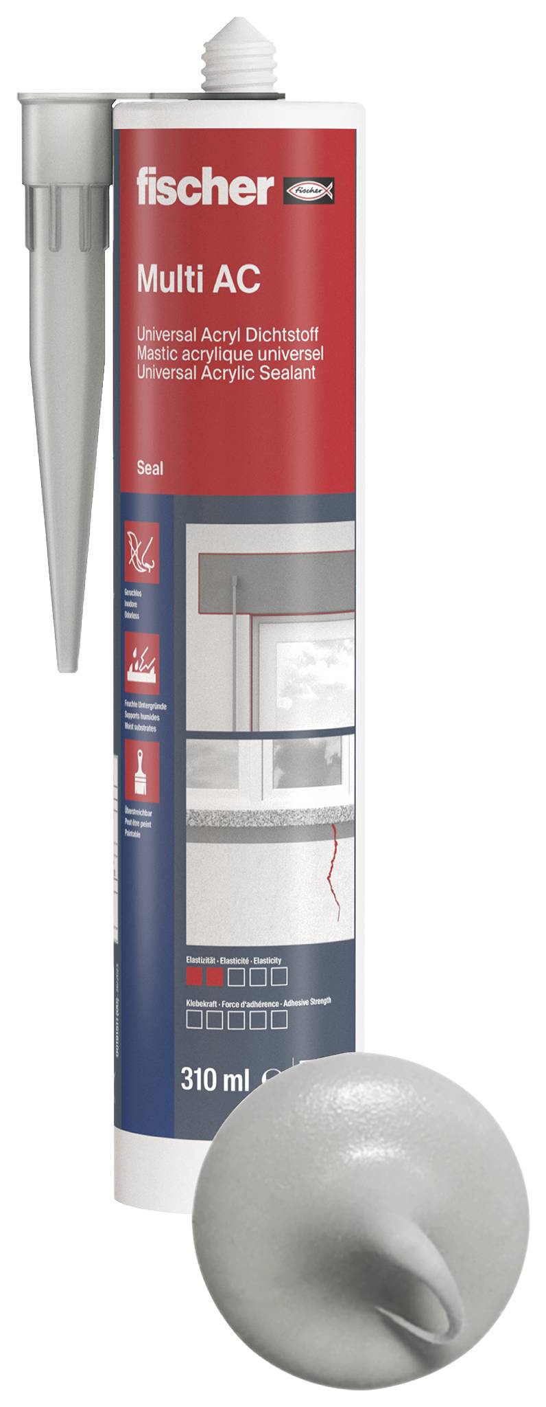 Mastic universel Fischer Multi AC en cartouche de 310 ml, adapté aux joints universels à base acrylique pour l'intérieur.