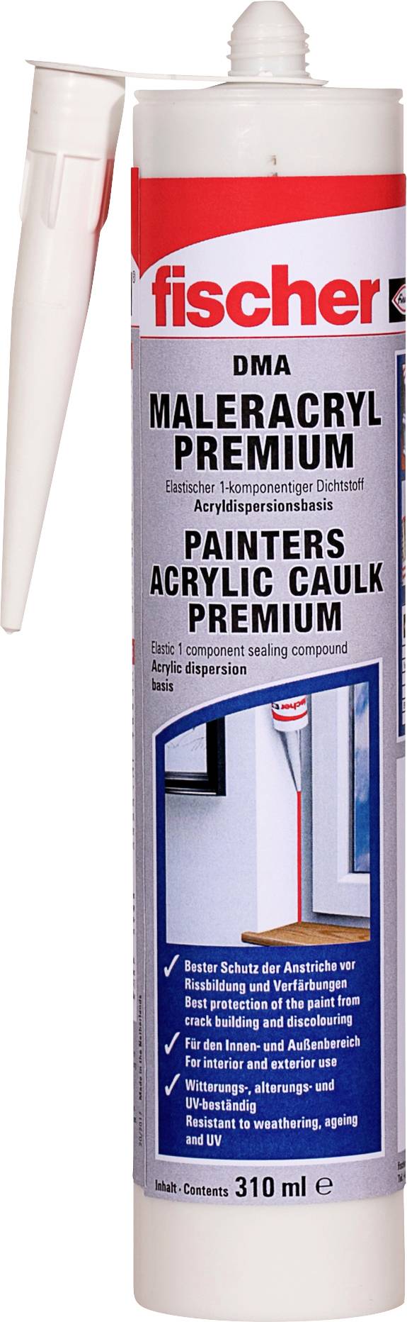 Un cartouche de mastic acrylique de la marque Fischer, portant l'étiquette 'Maleracryl Premium', adapté pour les joints et les scellements à l'intérieur comme à l'extérieur.